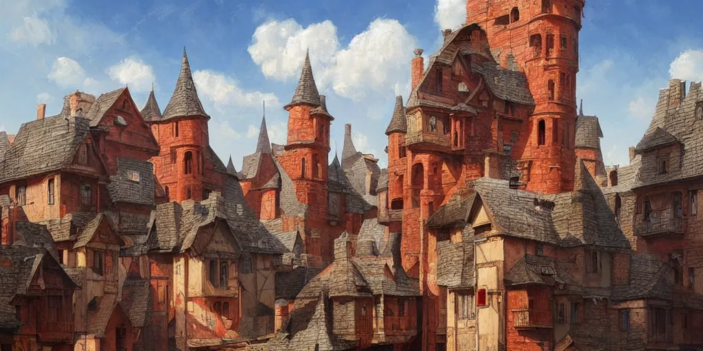 Image similar to hyper realistic oil painting of a medieval city, houses made out of red stone, houses made out of white stone, hyper detailed, high contrast, bright, summer, blue skies, by Greg Rutkowski, trending on artstation