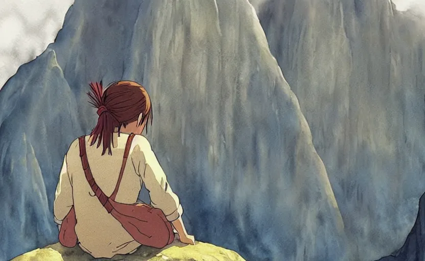 Image similar to a realistic and atmospheric watercolor from howl's moving castle ( 2 0 0 4 ) of a witch meditating in machu pichu. very dull muted colors, hd, 4 k, hq