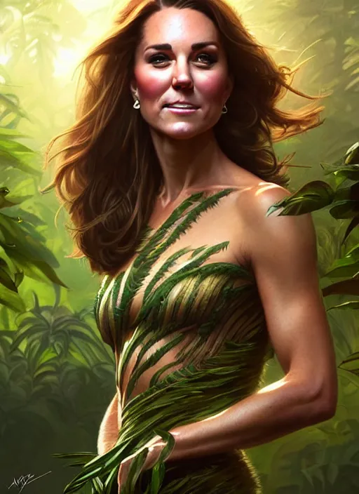 Image similar to kate middleton as jungle queen, intricate, elegant, glowing lights, highly detailed, digital painting, artstation, glamor pose, concept art, smooth, sharp focus, illustration, art by artgerm and greg rutkowski, artey freytag