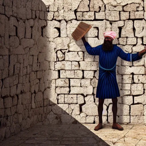 Image similar to 40 year old Mediterranean skinned man in ancient Canaanite clothing building a broken wall in Jerusalem, layered paper illustrated 2022