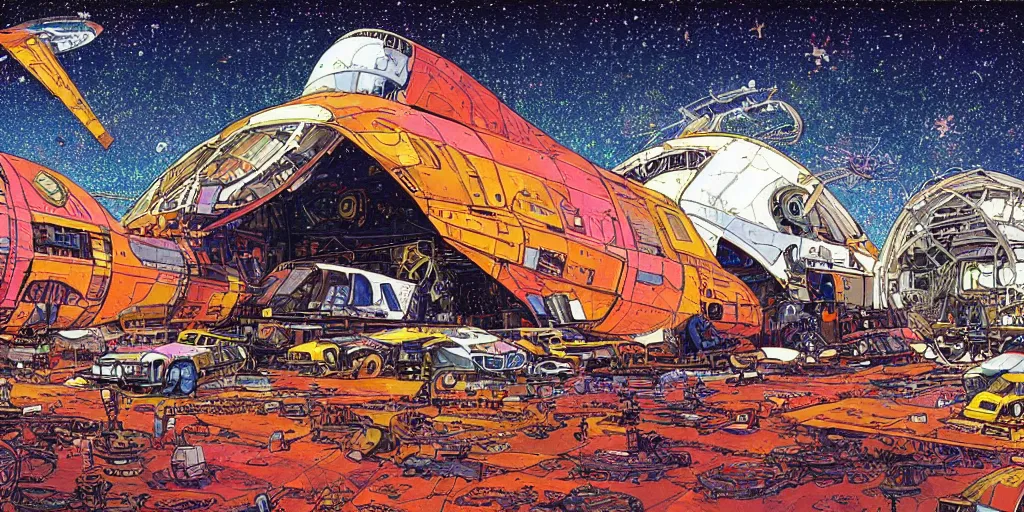 Image similar to colourful illustration of a space junkyard. futuristic high tech wrecked spaceship. thousands of stars in the background. art by moebius. science fiction art. detailed digital painting.