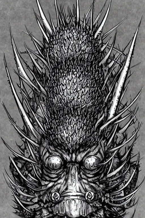 Image similar to thistle monster heavily armoured, symmetrical, highly detailed, digital art, needles, thorns, sharp focus, trending on art station, kentaro miura manga art style