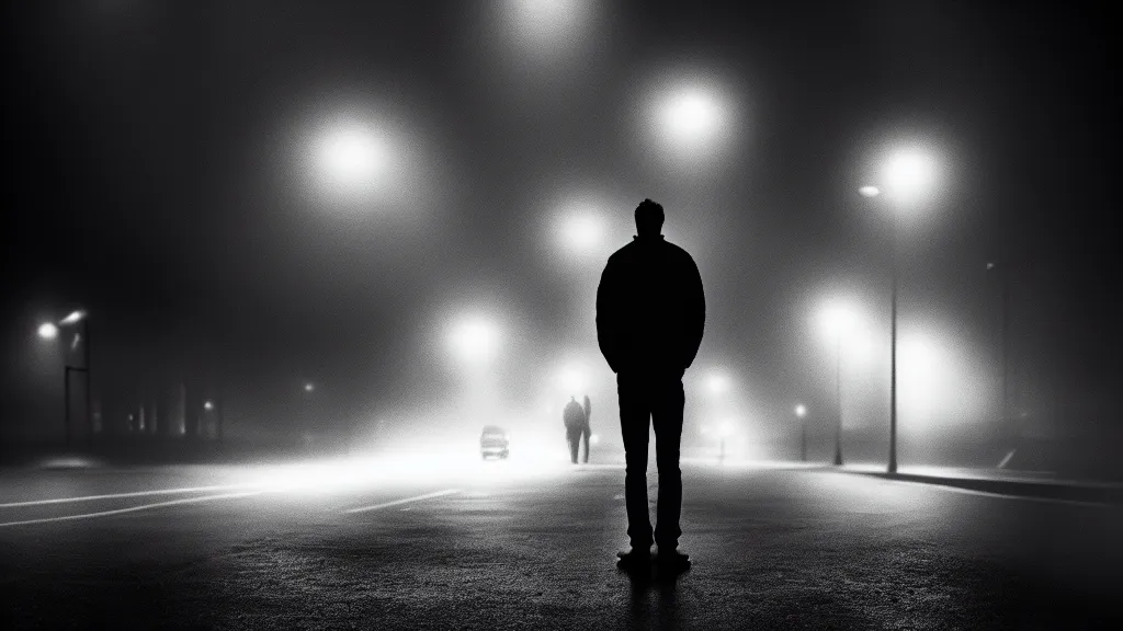 Image similar to a man is standing on the street under the lights, fog, volumetric lighting, mystique, atmospheric, sharp focus, ultra detailed, noir art house, 4 k, cinematic, 3 5 mm