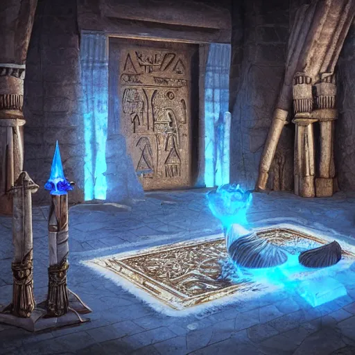 Prompt: fantasy movie scene greg rutkowski digital painting of an ornate and royal egyptian antechamber tomb with a old twisted wooden staff weapon with a blue crystal at it's tip laying on a stone altar, unreal engine, hyper realism, realistic shading, cinematic composition, blender render, octane render, hdr, detailed textures, photorealistic, 3 5 mm film