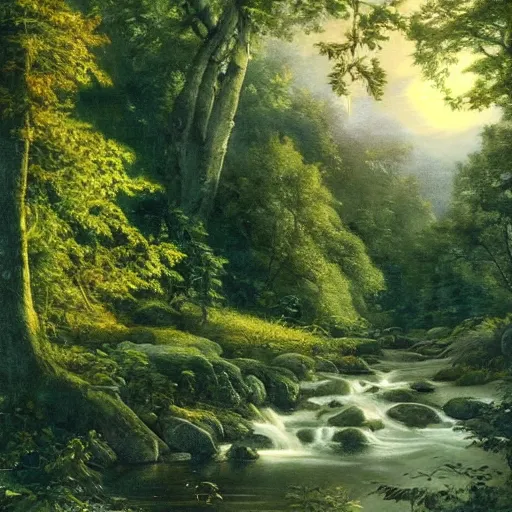 Prompt: A beautiful mixed media art of a serene and picturesque forest scene. The leaves are all different shades of green, and the sunlight is shining through the trees. There is a small stream running through the forest, and the whole scene is surrounded by mountains. avant garde, 3d render by J.C. Leyendecker rhythmic