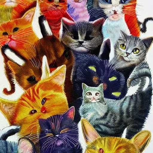 Prompt: artwork of a lot of cats camouflage together, colorful, illusion