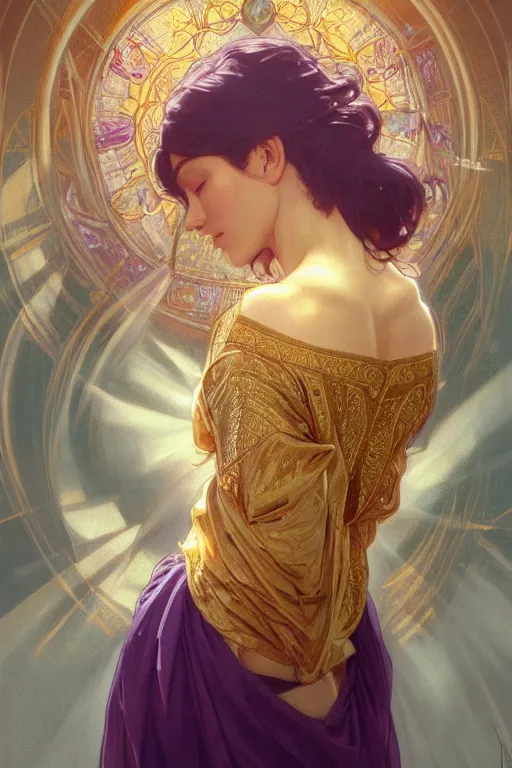 Image similar to cleansing myself with holy water and all the world's virtue and piety, golden light, purple water, highly detailed, digital painting, artstation, concept art, smooth, sharp focus, illustration, art by artgerm and greg rutkowski and alphonse mucha