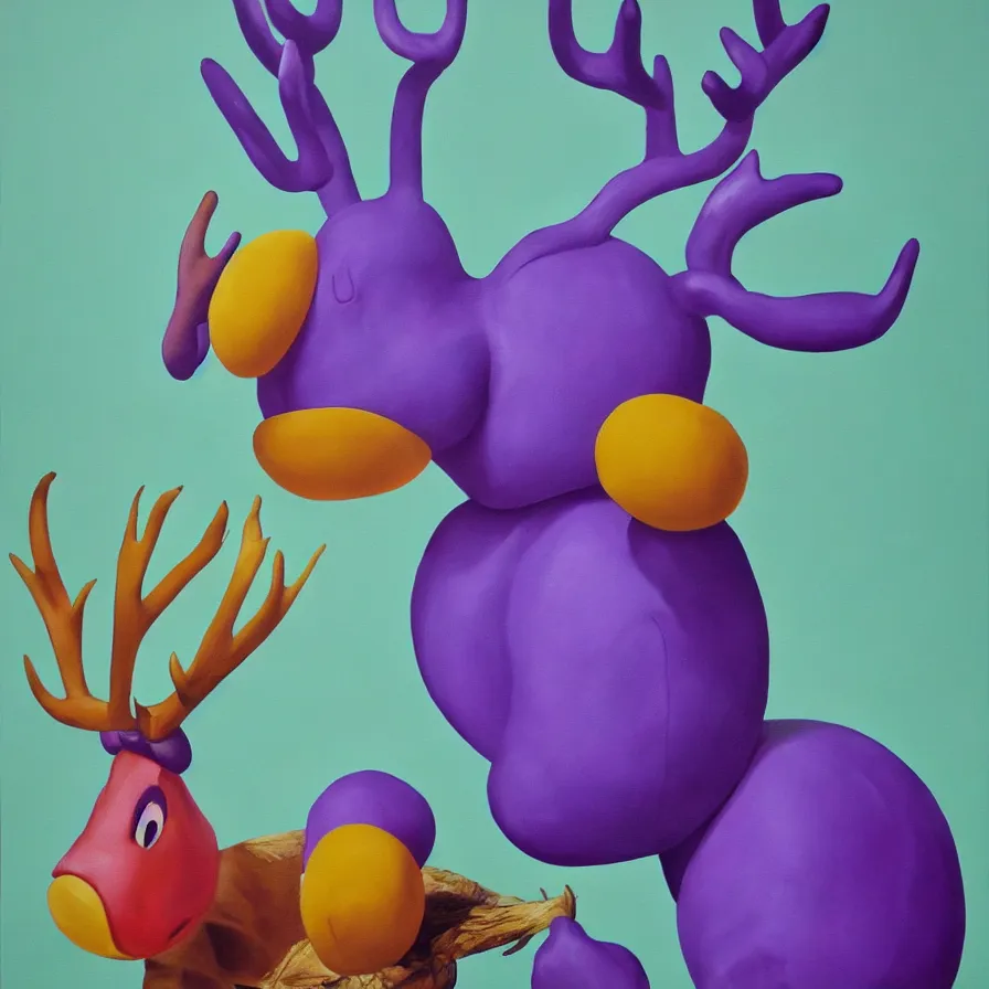 Image similar to rare hyper realistic painting by dennis hopper, studio lighting, brightly lit purple room, a blue rubber ducky with antlers laughing at a giant crying rabbit with a clown mask