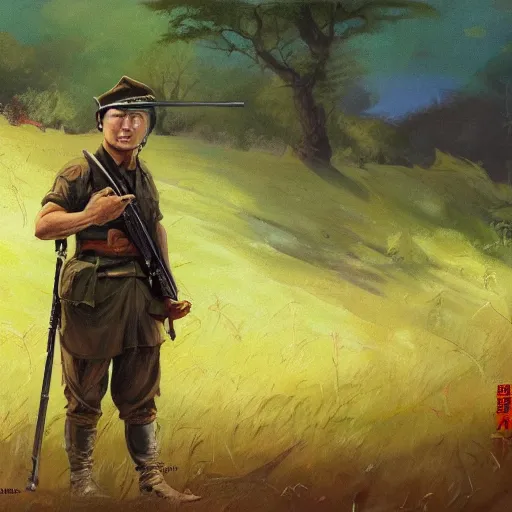 Image similar to a Japanese soldier from WW2 holding a rifle, standing in a field, high detail digital painting by Karl Kopinski and Frank Frazetta, trending on artstation, masterpiece, 4k wallpaper