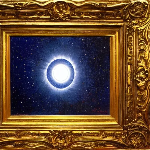 Image similar to stars, solar eclipse, looming over the earth, hdr, hq, painting by gustave dore and vincent van gogh and claude monet