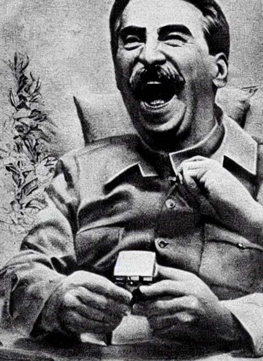 Prompt: Old detailed photograph of Stalin playing Xbox, screaming into the microphone with a bowl of Doritos beside him