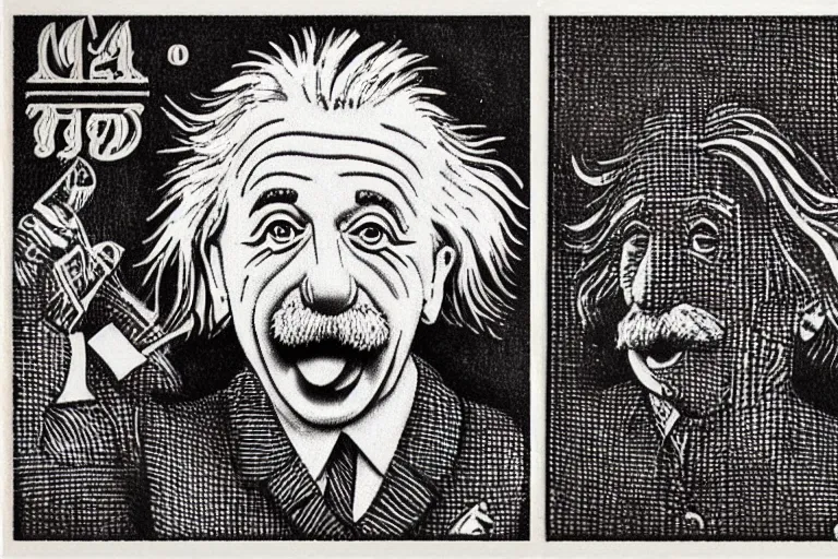 Image similar to goofy engraved portrait of albert einstein sticking tongue out, detailed!!! duotone engraving in the style of a postage stamp, freemason symbol, fine!!! lines, engraved by m. c. escher