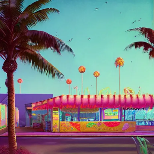 Image similar to psychedelic beachfront fast food restaurant with palm trees by simon stalenhag