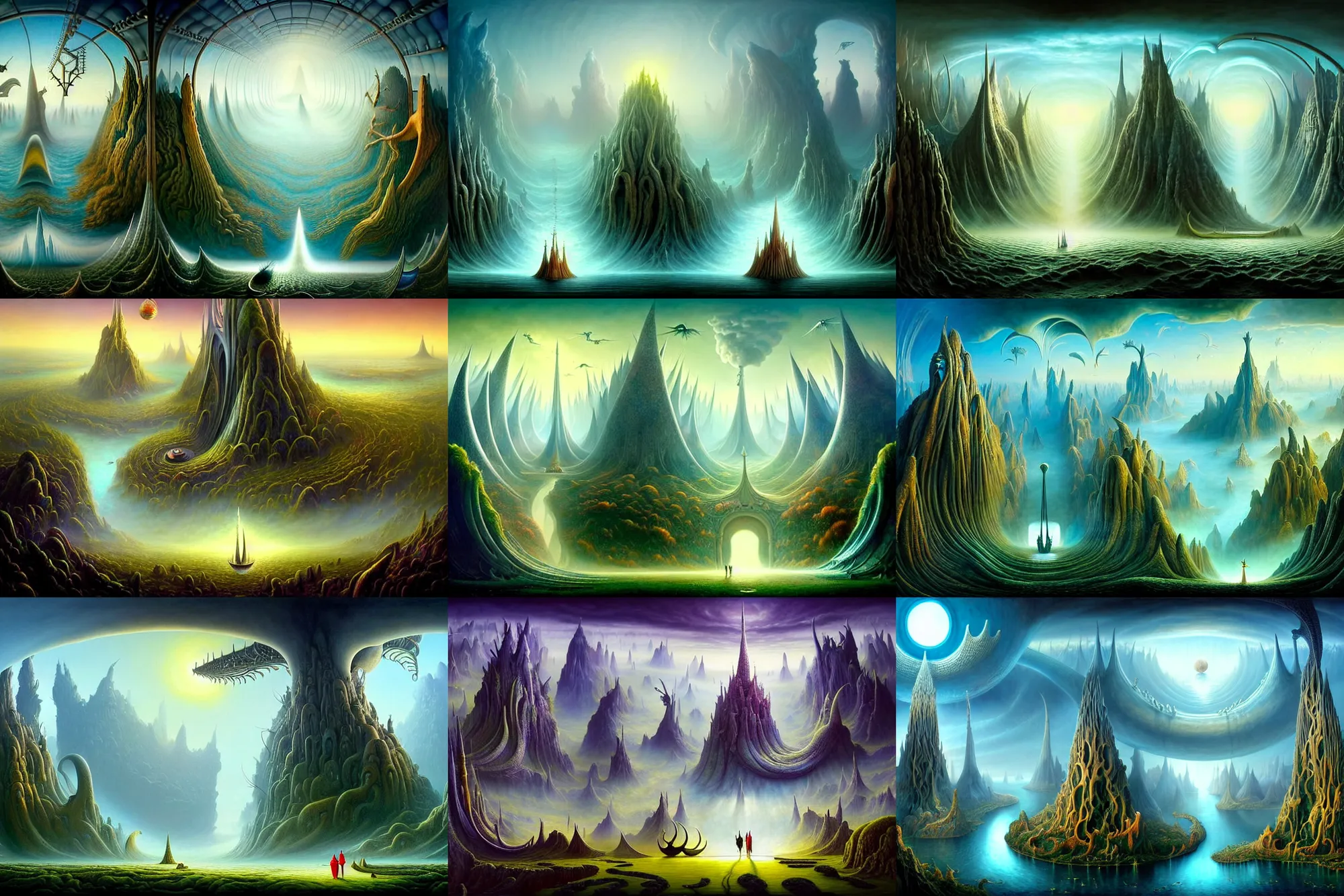 Prompt: a beautiful epic stunning amazing and insanely detailed matte painting on canvas of alien dream worlds with surreal architecture designed by Heironymous Bosch, behold the great gates of Valhalla, mega structures inspired by Heironymous Bosch's Garden of Earthly Delights, the nexus portal, vast surreal landscape and horizon by Cyril Rolando and Andrew Ferez, masterpiece!!, grand!, imaginative!!!, whimsical!!, epic scale, intricate details, sense of awe, elite, wonder, insanely complex, masterful composition, sharp focus