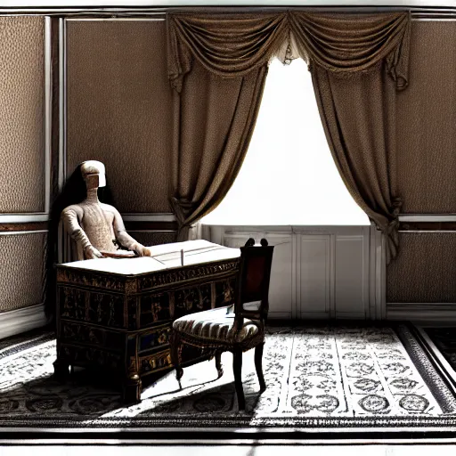 Image similar to An extremely detailed render of a mummy sitting at a Louis XIV desk, with very old curtains in the room. The desk has a 1880 phone on it. Dusty air, god rays, raytracing shadows, ambient occlusion, 8K, RTX 3090, trending on artstation, lumens