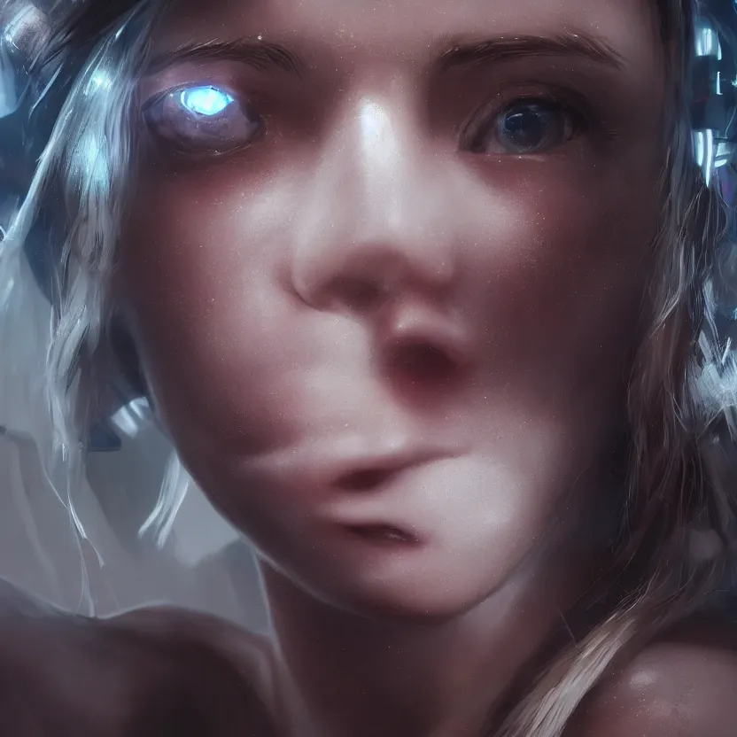 Image similar to hyperrealistic portrait of one cyborg girl, closeup, volumetric lighting, epic cinematic lighting, trending on artstation, very detailed, stunning