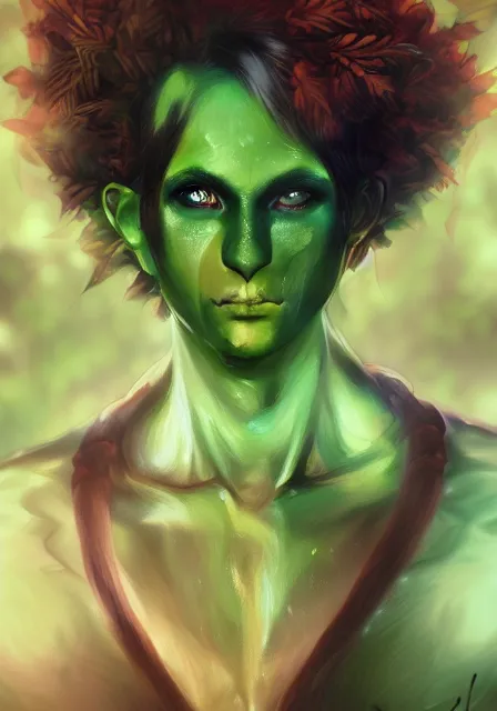 Image similar to A realistic anime portrait of a handsome dryad clown with glowing green eyes and tree bark skin wearing clothes made of leaves, digital painting, by Stanley Artgerm Lau, Sakimichan, WLOP and Rossdraws, digtial painting, trending on ArtStation, SFW version