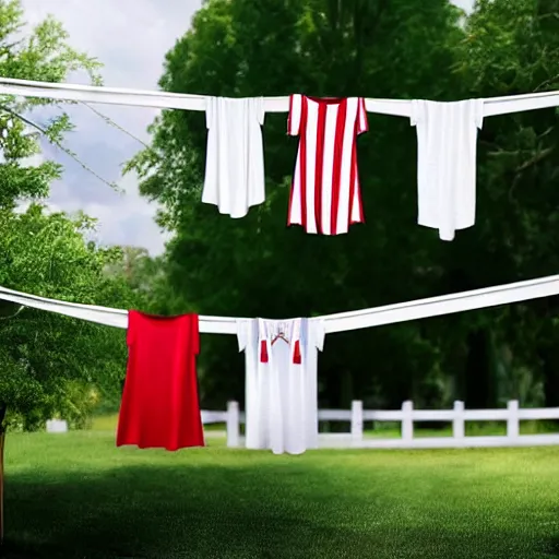 Prompt: hyper realistic photo, happy Donald Trump hanging white linen sheets on a clothesline in a backyard, sunny day