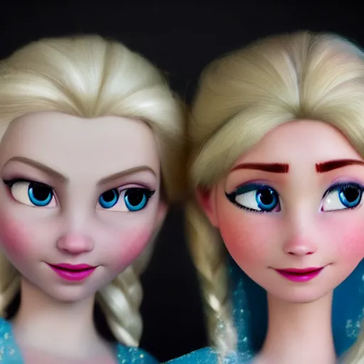 Prompt: elsa & anna, portrait, highly detailed, trending on artstation, hyper realistic, sharp focus, 1 0 0 mm, photograph