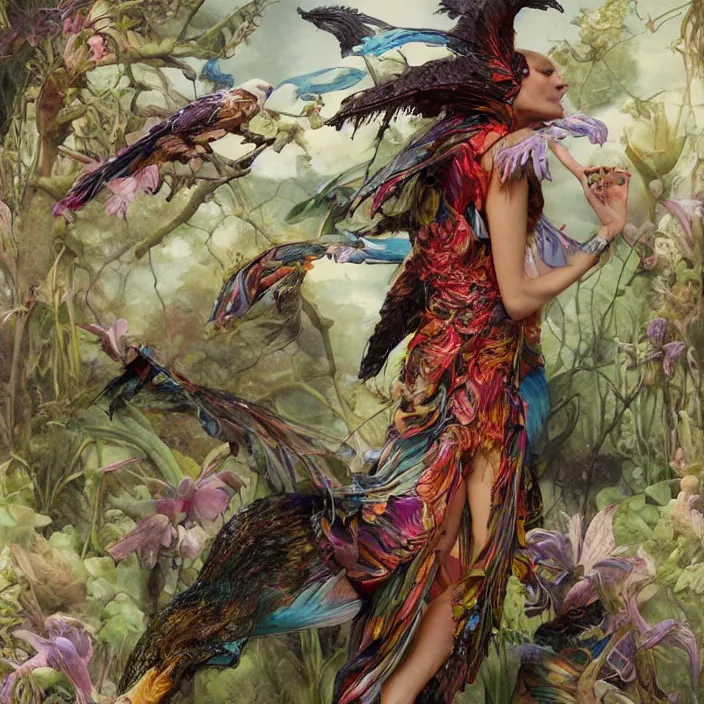 Prompt: a fashion editorial of sadie sinkwith hooves as a brightly colored eagle amphibian hybrid with wet translucent mutated skin. wearing a mutated organic dress. by tom bagshaw, donato giancola, hans holbein, walton ford, gaston bussiere, peter mohrbacher, brian froud and iris van herpen. 8 k, cgsociety