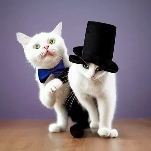 Image similar to photo of two cats dancing wearing bowler hats, realistic