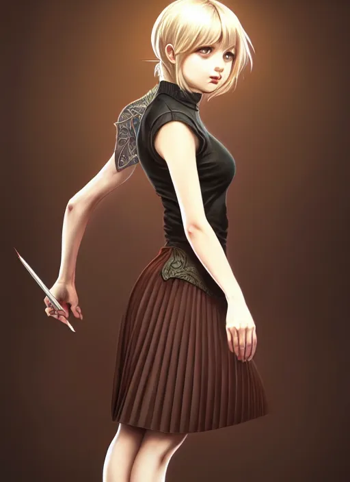 Image similar to portrait of a full body of beautiful young female detective, d & d, sleeveless turtleneck, pleated skirt, fantasy, flat lighting, intricate, highly detailed, digital painting, artstation, concept art, smooth, sharp focus, illustration, misa amane, art by simon bisley and greg rutkowski and alphonse mucha, natural tpose