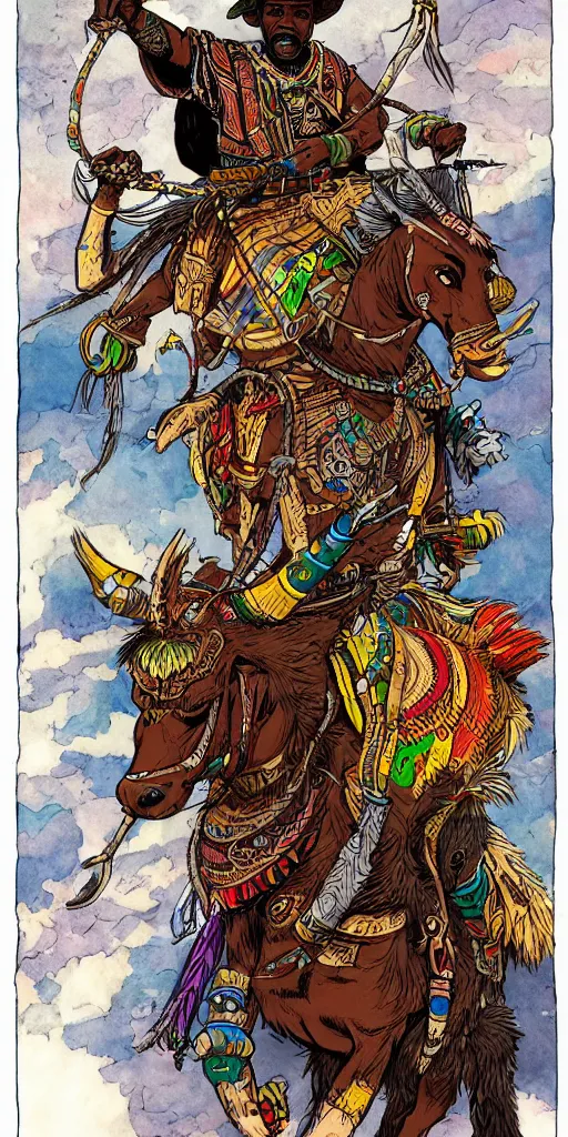 Prompt: portrait of african adventurer riding a fantasy quadruped with tribal decorations and tattoos by moebius, clean line, colorful comics style, artstation