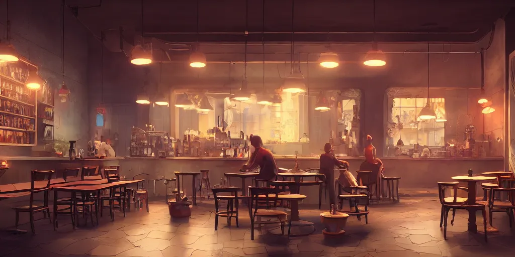 Prompt: an intricate concept art illustration of a coffee shop, no people, cinematic light, colorful, octane render by ivan talavera, greg rutkowski 8 k
