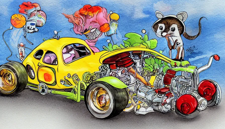 Image similar to funny, racoon riding in a tiny hot rod coupe with oversized engine, ratfink style by ed roth, centered award winning watercolor pen illustration, by chihiro iwasaki, edited by range murata