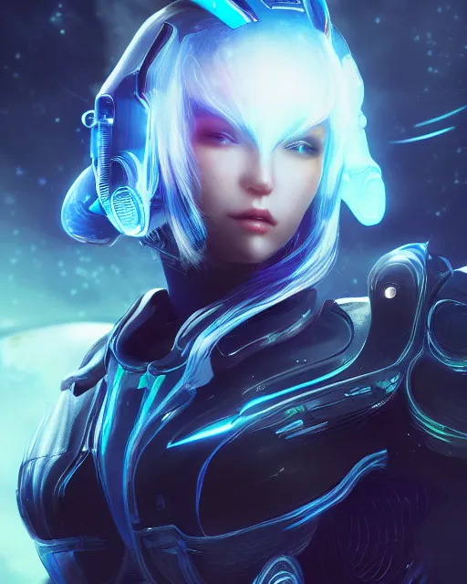 Image similar to perfect android girl on a mothership, warframe armor, beautiful face, scifi, futuristic, galaxy, nebula, raytracing, dreamy, long white hair, blue cyborg eyes, sharp focus, cinematic lighting, highly detailed, artstation, divine, by gauthier leblanc, kazuya takahashi, huifeng huang