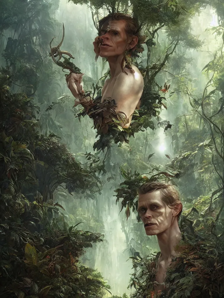 Image similar to a hyperrealistic solarpunk portrait of a Willem Dafoe lookalike, in a steaming jungle with fractal sunlight, award-winning, masterpiece, in the style of Tom Bagshaw, Cedric Peyravernay, Peter Mohrbacher