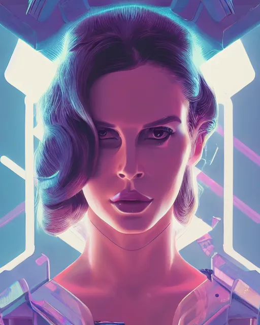 Image similar to portrait of lana del rey as a cyborg. intricate abstract. intricate artwork cyberpunk by tooth wu, wlop, beeple, dan mumford. octane render, trending on artstation, greg rutkowski ruan jia very coherent symmetrical artwork. cinematic, hyper realism, high detail, octane render, 8 k, key art, blue and pink iridescent accents