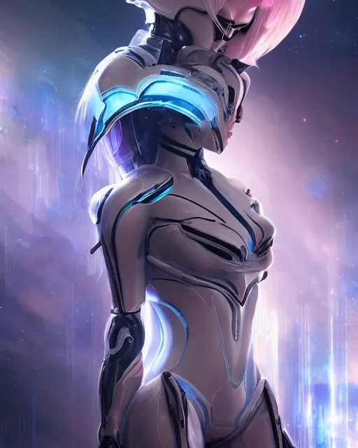 Image similar to perfect android girl on a mothership, warframe armor, beautiful face, scifi, futuristic, galaxy, nebula, raytracing, dreamy, long white hair, blue cyborg eyes, sharp focus, cinematic lighting, highly detailed, artstation, divine, by gauthier leblanc, kazuya takahashi, huifeng huang