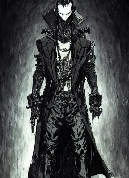 Image similar to evil deity, a man in black mask and black rugged long trench coat. in style of yoji shinkawa and hyung - tae kim, trending on artstation, dark fantasy, great composition, concept art, highly detailed, dynamic pose.