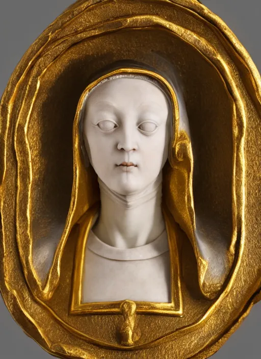 Image similar to a medieval female nun, elegant, filigree renaissance sculpture from gold, marble and fur, brilliant symmetry, created by verrocchio andrea, leonardo da vinci, sandro botticelli, raffaelle monti, epic 7 0 mm lens shot, artstation trending, photorealism, sharp focus, smooth, establishing shot, sense of awe