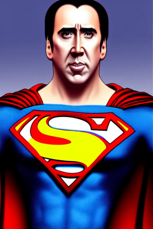 Image similar to portrait of nicolas cage as superman looking away from the camera, intricate, extremely detailed digital painting by mark brooks, artstation