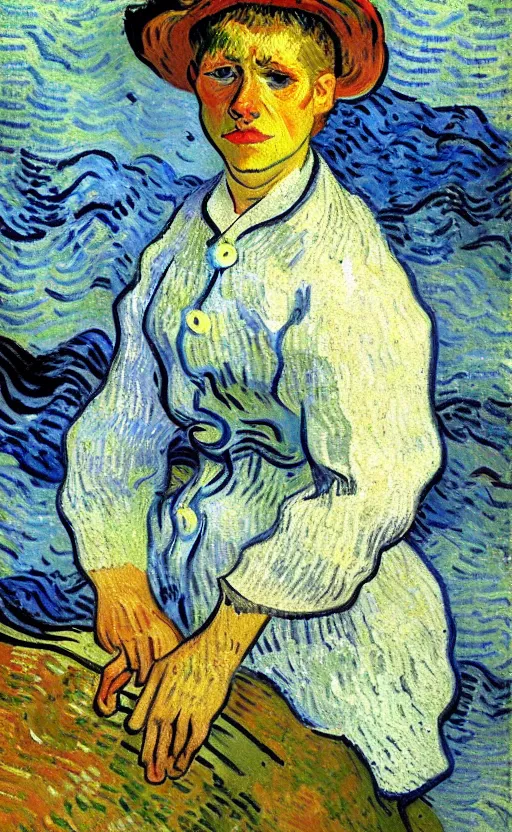 Image similar to detailed expressionist!! oil painting portrait of a washerwoman in the river!! by van gogh, 8 k resolution, smooth, sharp focus, matte painting, color scheme of white and grey