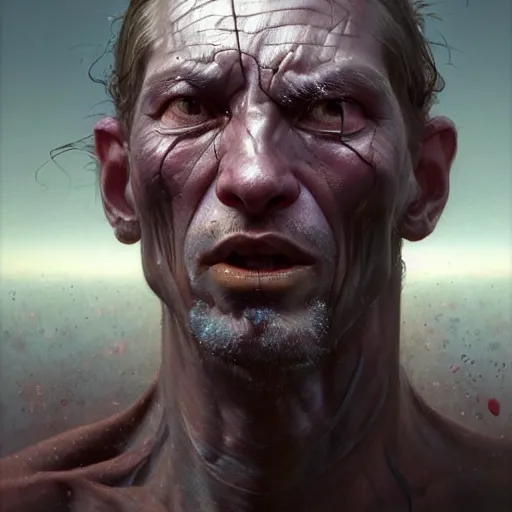 Image similar to a hyper - realistic character concept art portrait of a man in agony on a depth of field background, artstation, award - winning realistic sci - fi concept art by jim burns and greg rutkowski, beksinski, a realism masterpiece, flesh - tone color palette, james gilleard, bruegel, alphonse mucha, and yoshitaka amano.