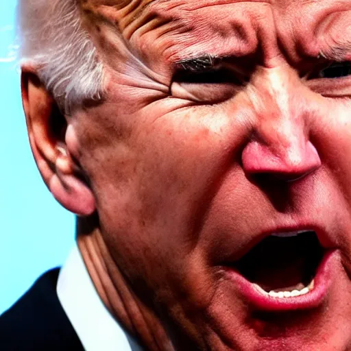 Prompt: joe biden is angry. extreme extreme closeup closeup portrait of joe biden opening his mouth and screaming angrily and hungrily