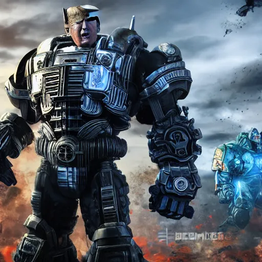 Image similar to donald trump! as optimus prime in ( gears of war ), splash art, maga, patriot, movie still, detailed face, photorealistic facial features, cinematic lighting, dramatic, octane render, long lens, shallow depth of field, bokeh, anamorphic lens flare, 8 k, hyper detailed, 3 5 mm film grain