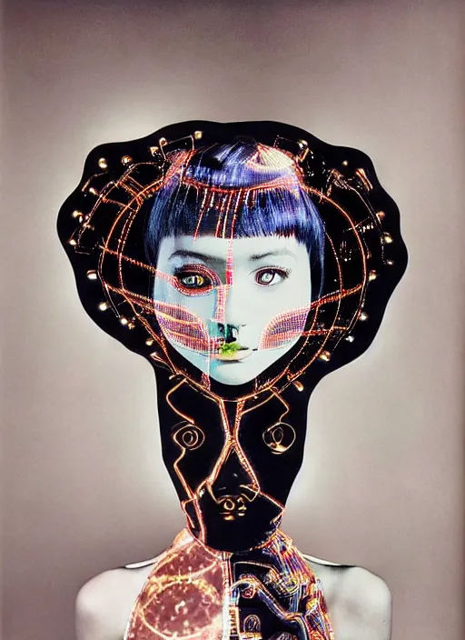 Image similar to Portrait of a fashion fractal girl with a television head wearing kimono made of circuits and leds, surreal photography by Man Ray