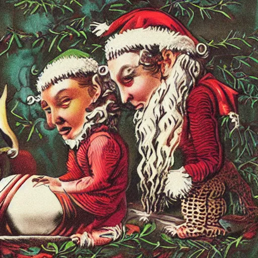 Image similar to a breathtakingly weird bizarre victorian christmas card