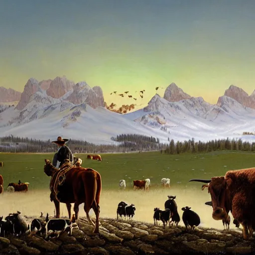 Prompt: an extremely detailed matte painting of a rancher feeding the animals at sunrise on the first day of spring, huge rocky mountains in the background, tall rancher wearing a cowboy hat, dogs, cows, sheep, chickens, ducks, 4 k, ranch the morning after a light snowfall, by bob ross and norman rockwell