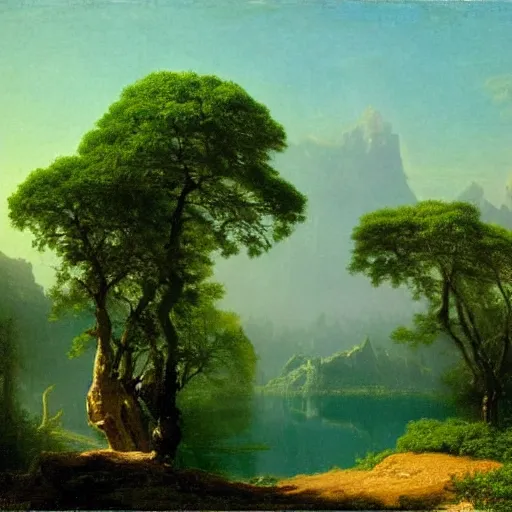 Prompt: painting of a lush natural scene on an alien planet by albert bierstadt. beautiful landscape. weird vegetation. cliffs and water.