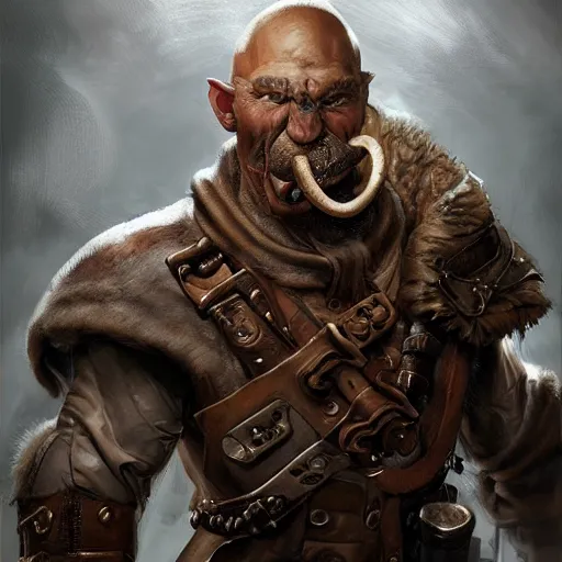 Prompt: portrait of a muscular, bald orc mechanic, wearing a heavy brown leather coat, wielding a wrench, tusks visible, steampunk and magic setting, DnD character, fantasy character, dramatic lighting, high detail, digital art by Ruan Jia