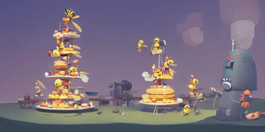 Image similar to cute cartoon bee person baking a cake tower by Goro Fujita and Simon Stalenhag , 8k, trending on artstation, hyper detailed, cinematic