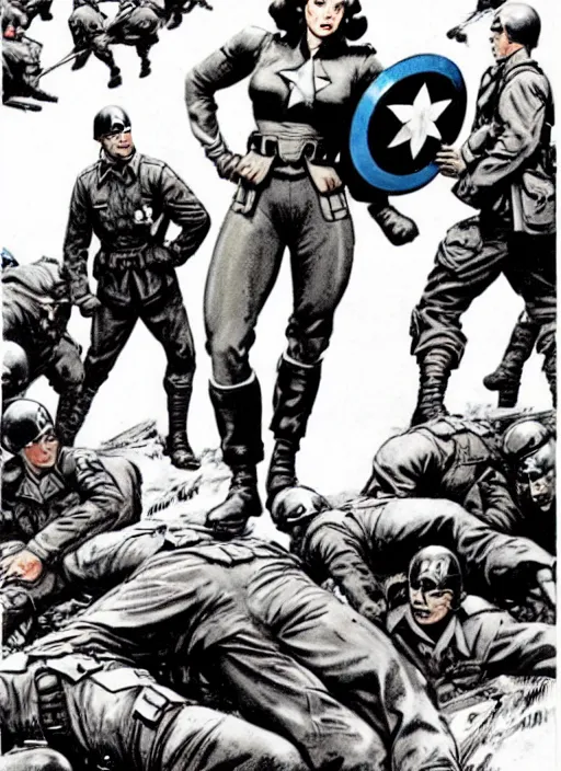 Image similar to beautiful female captain america standing on a pile of defeated german soldiers. feminist captain america wins wwii. american wwii propaganda poster by james gurney. anime