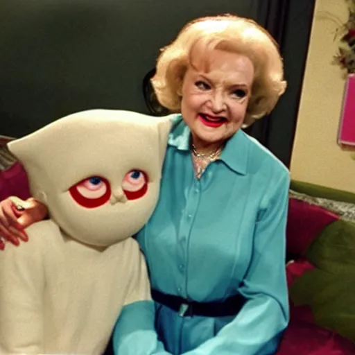 Image similar to betty white hanging out with a terrifying grotesque monster