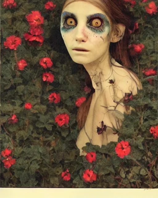 Prompt: an instant photo of a pretty but sinister and creepy goblin in layers of fear, with haunted eyes, violence in her eyes, 1 9 7 0 s, seventies, delicate embellishments, a little blood, woodland, blue dawn light shining on wildflowers, painterly, offset printing technique, by walter popp, alexandre cabanel