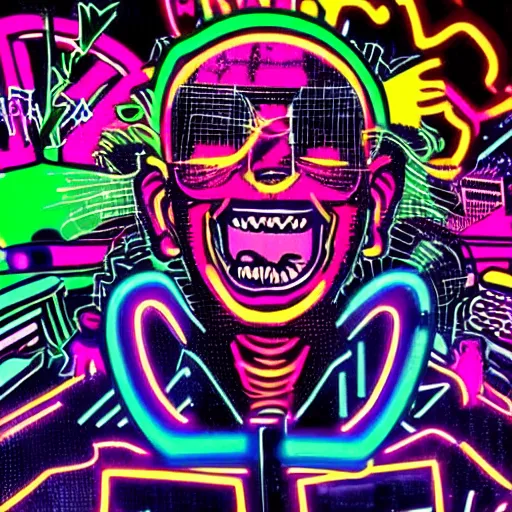 Image similar to pop art of a punk at a japanese metal concert in a cyberpunk world, bright neon colors, intricate details, complementary colors, detailed face, backlighting, octane render, depth of field, extremely detailed, trending in artstation, focus on face, sharp focus, radiant light, beautiful composition, drawn by roy lichtenstein, keith haring, romero britto